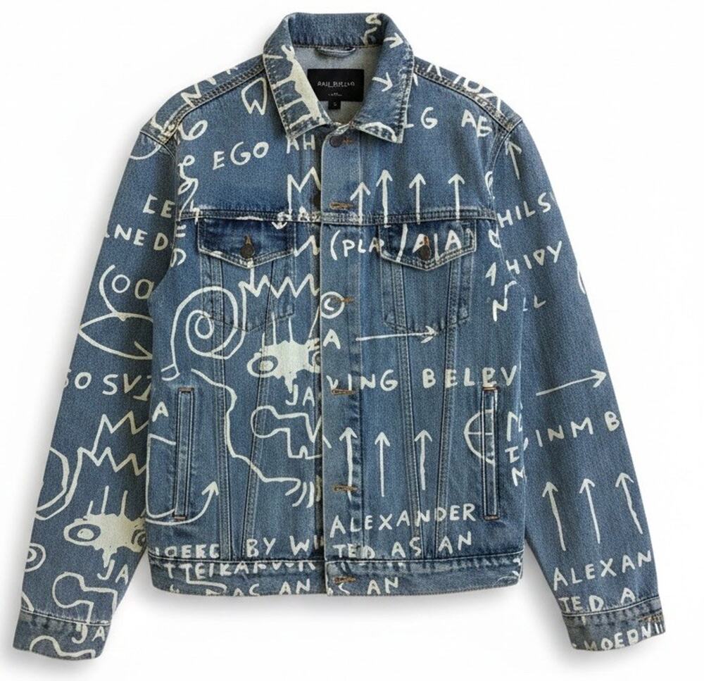 Diamond Supply X Basquiat Doodle Denim Jacket Limited All Over Graphic Print S